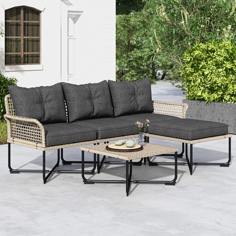 Outsunny Conjunto de Jardim em Vime Sintético Conjunto de Móveis de Exterior com Sofá de 4 Módulos 1 Mesa de Centro e Almofadas Cinza
