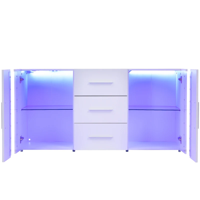 Credenza Moderna con LED Multicolore, 3 Cassetti e 2 Armadietti, Ampio Spazio, per Soggiorno e Cucina, 140x35x70 cm, Bianco