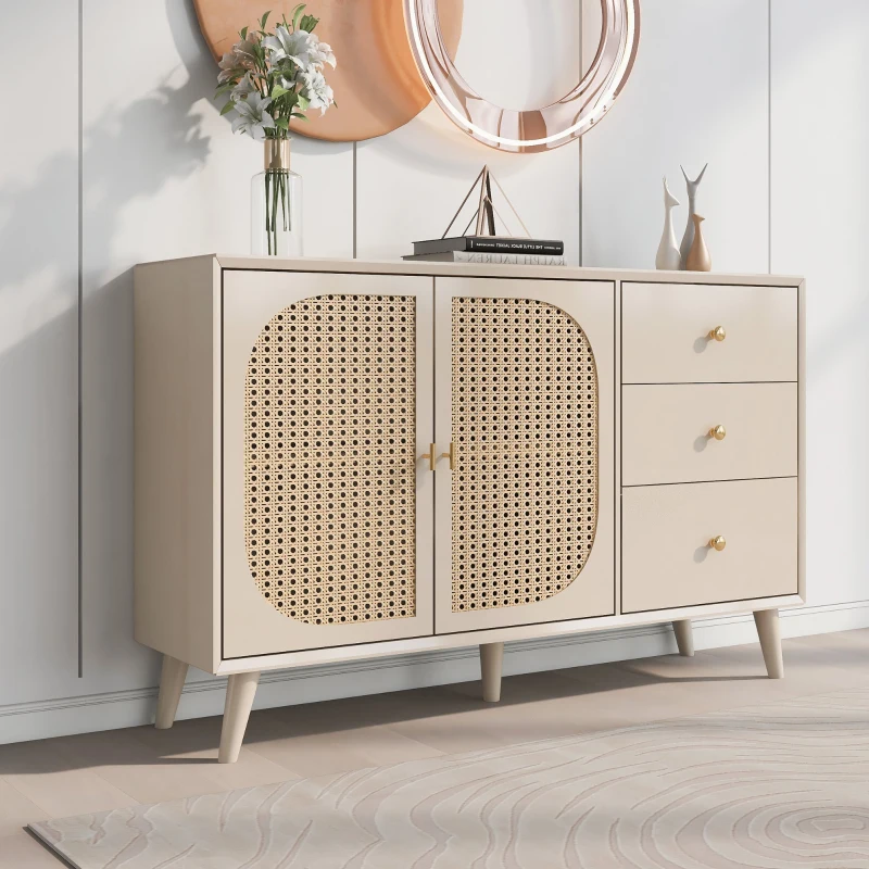 Credenza Moderna per Soggiorno con 2 Ante in Rattan e 3 Cassetti, Multiuso e Spaziosa, Bianco