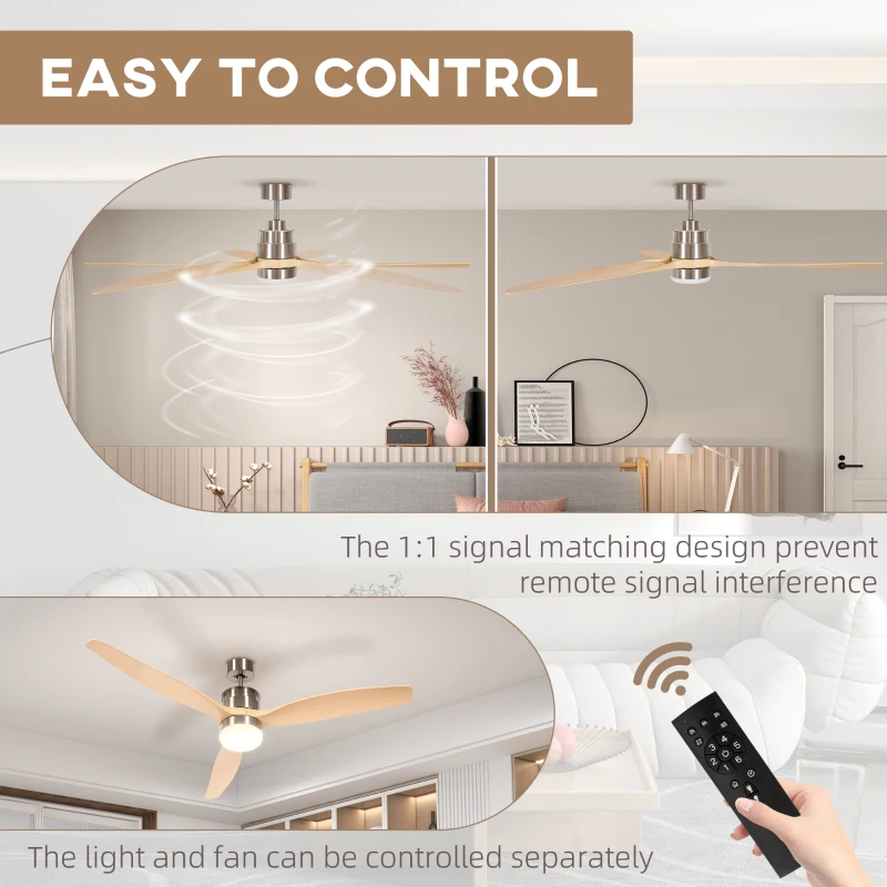 HOMCOM Ventilator de Tavan LED cu Telecomandă, 6 Viteze și Motor Reversibil, Briză și Temporizator, Ф132x43 cm, Lemn Natural