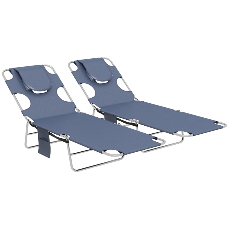 Outsunny Foldable Sun Lounger Set of 2 with Reading Hole, Portable Sun Lounger with 5 Level Adjustable Backrest, Reclining Lounge Chair with Side Pocket, Headrest Pillow, Grey