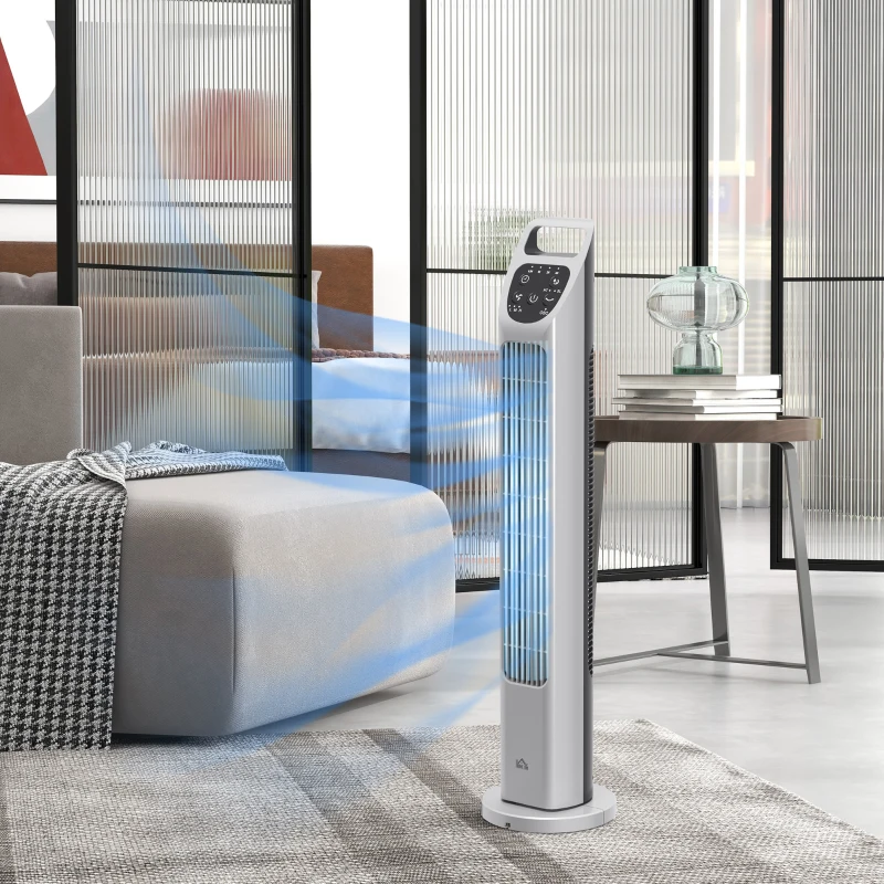 HOMCOM Tower Fan, Electric Cooling Fan with Remote, 75° Oscillating, 3 Speed 3 Modes, 4H Timer, Quiet Standing Bladeless for Bedroom Office, Silver