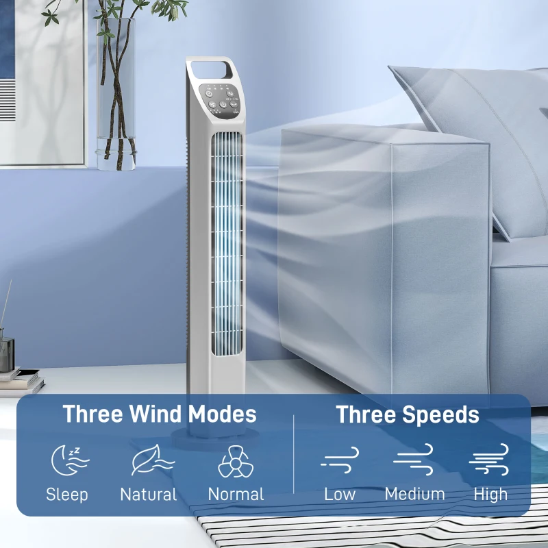 HOMCOM Tower Fan, Electric Cooling Fan with Remote, 75° Oscillating, 3 Speed 3 Modes, 4H Timer, Quiet Standing Bladeless for Bedroom Office, Silver