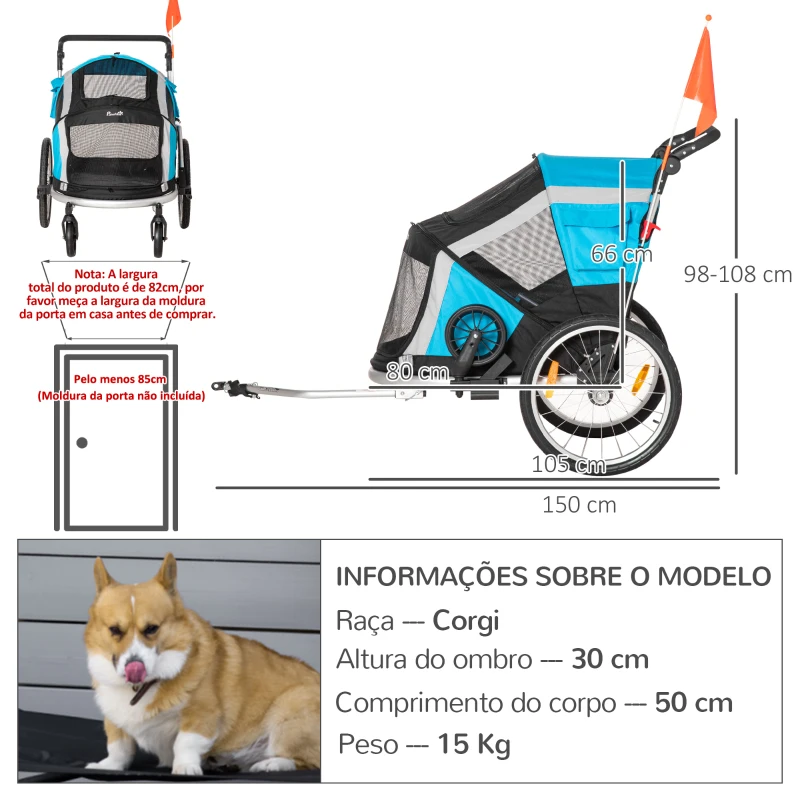 PawHut Reboque de Bicicleta para Cães Dobrável 2 em 1 Carrinho para Cães de Alumínio com Guiador Ajustável Bandeira e 6 Refletores Carga Máxima 40kg 150x82x98cm Azul