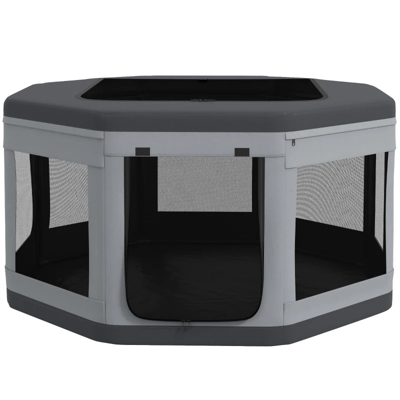 PawHut Țarc de Joacă pentru Câini și Pisici cu 7 Ferestre și 2 Uși din Plasă, Incintă pentru Animale, 124x124x62 cm, Gri și Negru