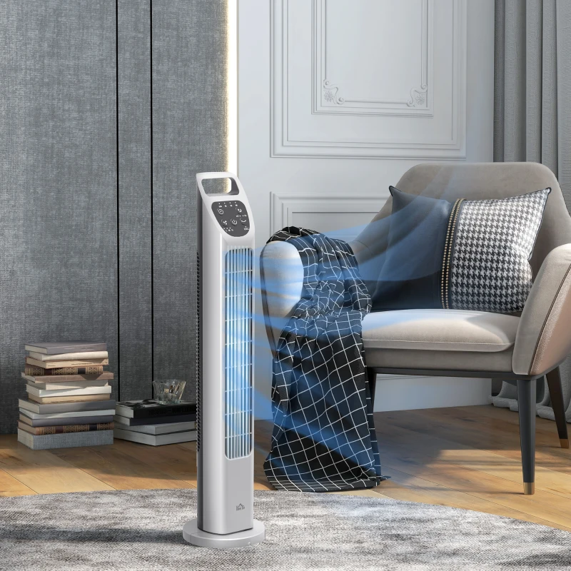 HOMCOM Tower Fan, Electric Cooling Fan with Remote, 75° Oscillating, 3 Speed 3 Modes, 4H Timer, Quiet Standing Bladeless for Bedroom Office, Silver
