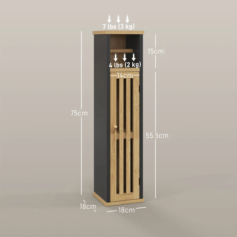 HOMCOM Mobiletto Bagno con Ripiano Aperto e Armadietto, in Bambù e MDF, 18x18x75 cm, Nero e color Legno