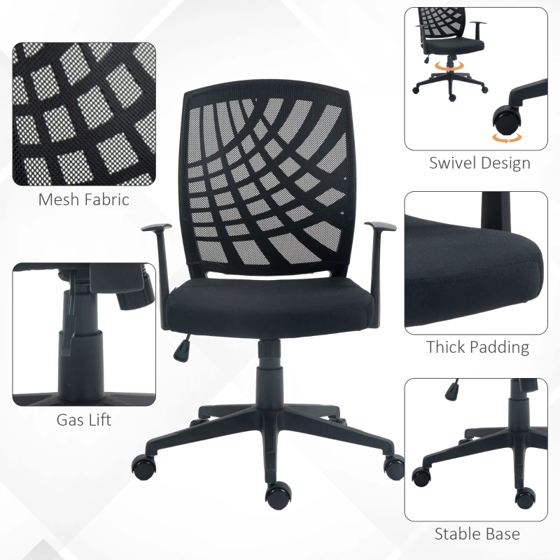 HOMCOM Scaun de Birou Ergonomic cu Înălțime Reglabilă, Scaun de Birou Pivotant din Țesătură Respirabilă, 58x56x106.5 cm, Negru