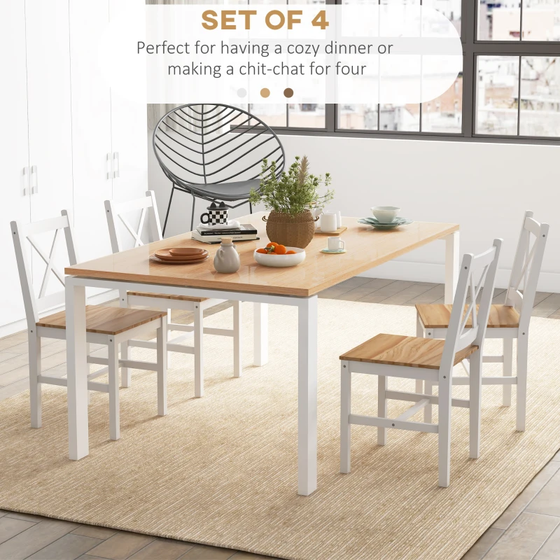 HOMCOM Set 4 Scaune pentru Bucătărie și Living cu Spătar Transversal, Scaune Clasice din Lemn de Pin, 41x46.5x86 cm, Alb