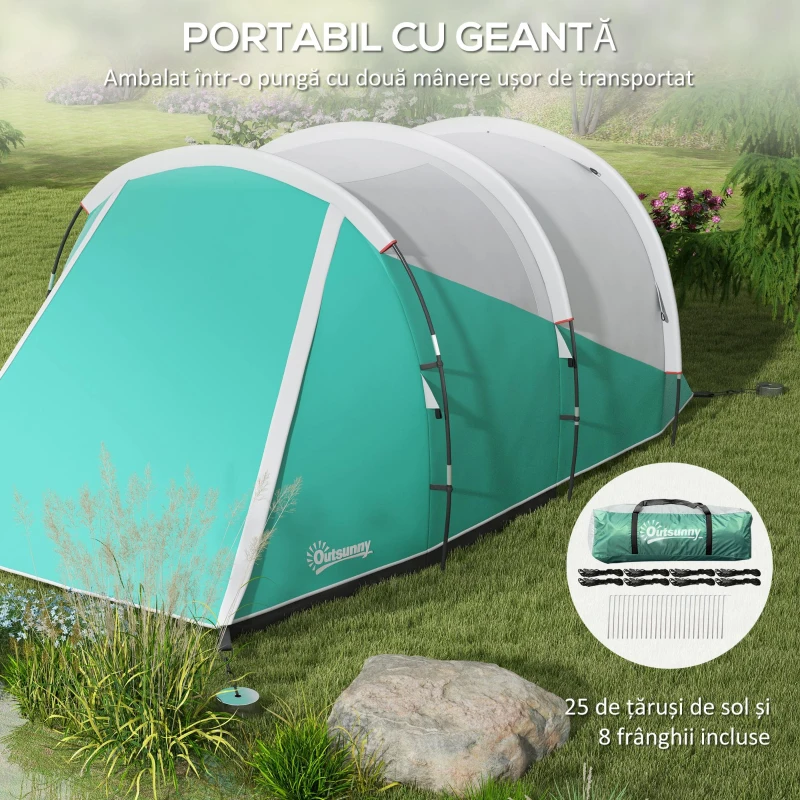 Outsunny Cort de Camping Impermeabil pentru 2-4 Persoane cu Cameră Separată, Cort Tunel cu Geantă de Transport, 460x260x190 cm, Verde