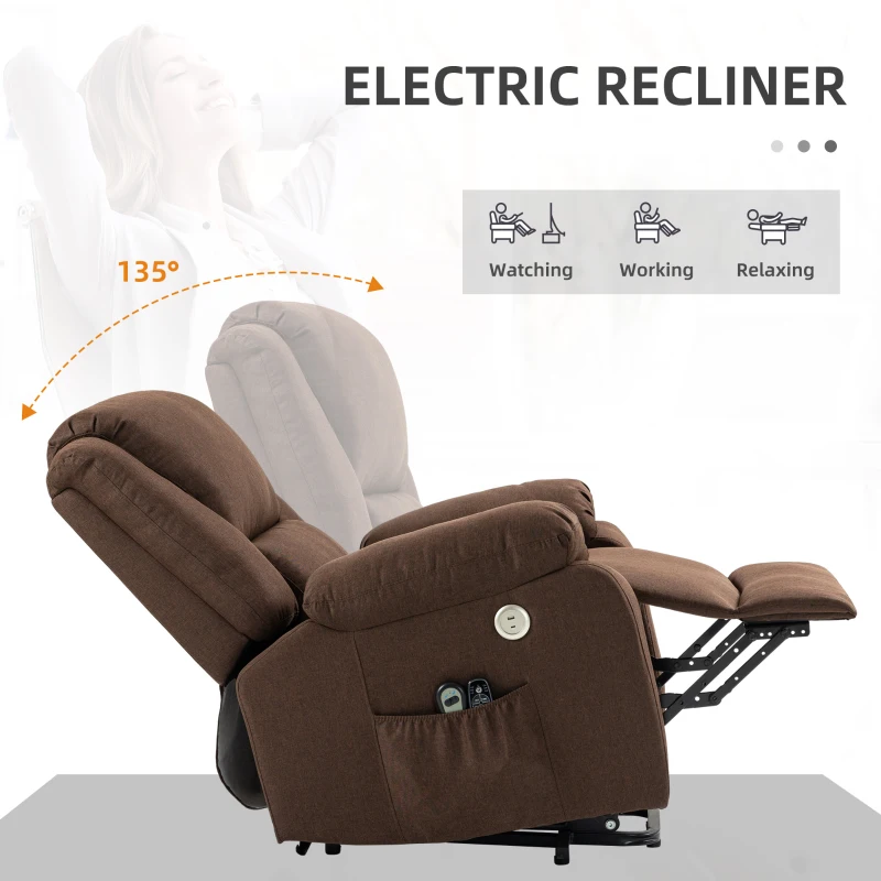 HOMCOM Scaun Electric Rabatabil cu 8 Puncte de Masaj și Suport pentru Picioare, Fotoliu Modern din In și Țesătură cu Efect Metalic, 87x92x105 cm, Cafea(m-5)