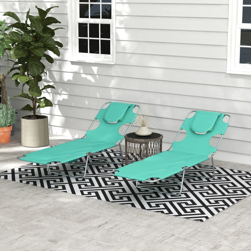 Outsunny Foldable Sun Lounger Set of 2 with Reading Hole, Portable Sun Lounger with 5 Level Adjustable Backrest, Reclining Lounge Chair with Side Pocket, Headrest Pillow, Green