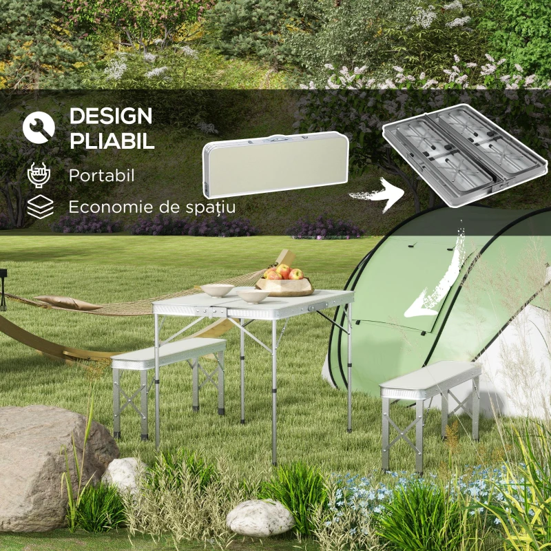 Outsunny Masă Pliabilă de Picnic cu 2 Bănci, Masă de Camping din 3 Piese cu Masă și Scaune din MDF și Aluminiu, 90x62x70 cm, Argintiu