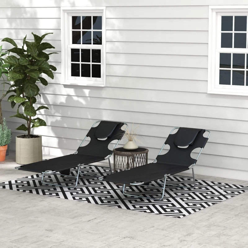 Outsunny Foldable Sun Lounger Set of 2, Beach Chaise Lounges with Reading Hole, Arm Slots, 5-Position Adjustable Backrest, Side Pocket, Pillow for Patio, Garden, Beach, Pool, Black