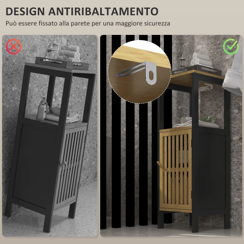 HOMCOM Mobiletto Bagno con Ripiano Aperto e Armadietto, in MDF e Bambù, 32x30x90.5 cm, Nero e color Legno