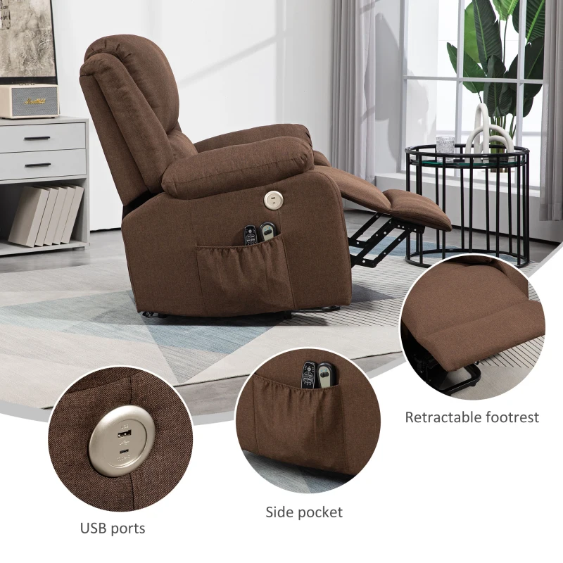 HOMCOM Scaun Electric Rabatabil cu 8 Puncte de Masaj și Suport pentru Picioare, Fotoliu Modern din In și Țesătură cu Efect Metalic, 87x92x105 cm, Cafea(m-9)