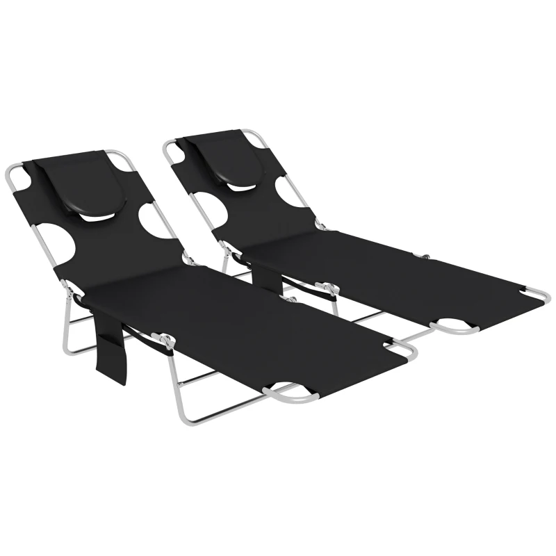 Outsunny Foldable Sun Lounger Set of 2, Beach Chaise Lounges with Reading Hole, Arm Slots, 5-Position Adjustable Backrest, Side Pocket, Pillow for Patio, Garden, Beach, Pool, Black
