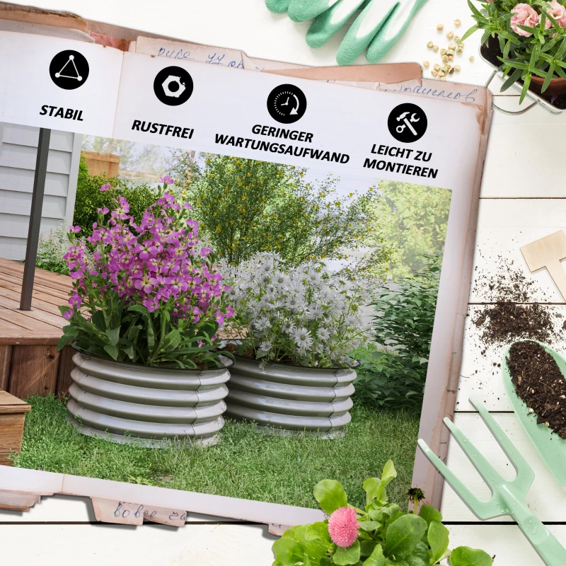 Outsunny 2-delige set verhoogde plantenbak, modulair verhoogd bed, 2 stuks, zonder bodem, Ø60 x 30 cm, zilver