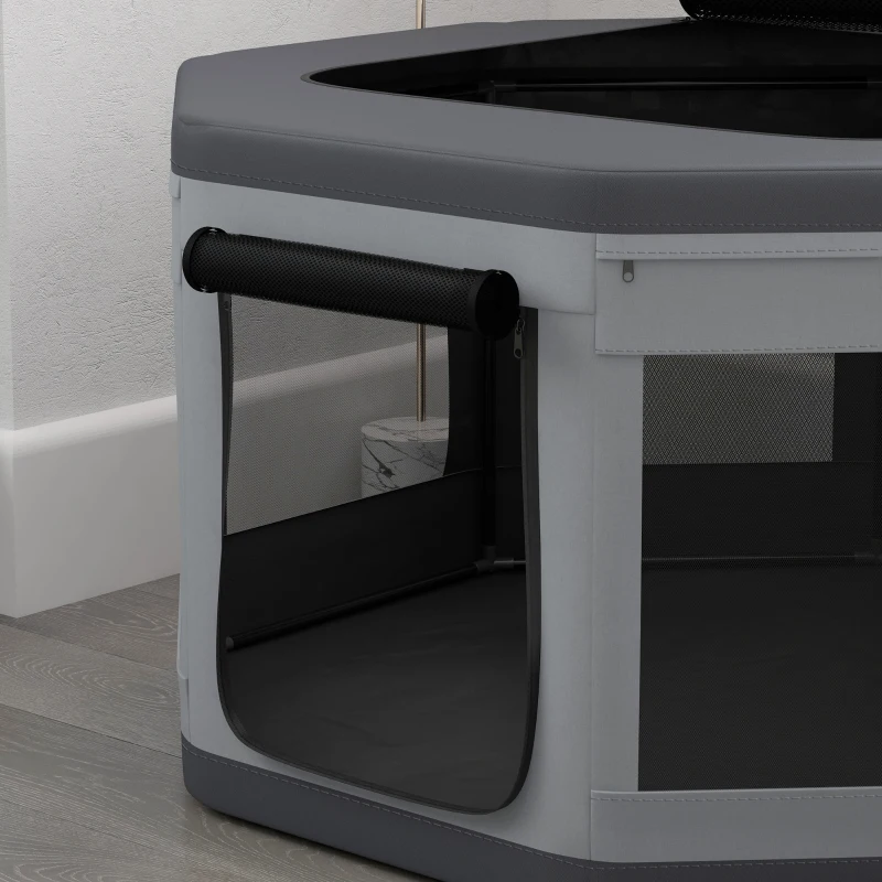 PawHut Țarc de Joacă pentru Câini și Pisici cu 7 Ferestre și 2 Uși din Plasă, Incintă pentru Animale, 124x124x62 cm, Gri și Negru