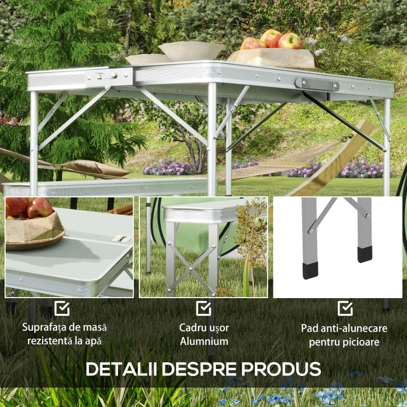 Outsunny Masă Pliabilă de Picnic cu 2 Bănci, Masă de Camping din 3 Piese cu Masă și Scaune din MDF și Aluminiu, 90x62x70 cm, Argintiu