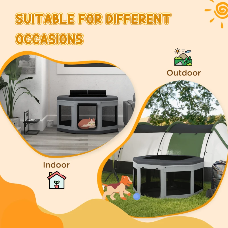 PawHut Țarc de Joacă pentru Câini și Pisici cu 7 Ferestre și 2 Uși din Plasă, Incintă pentru Animale, 124x124x62 cm, Gri și Negru