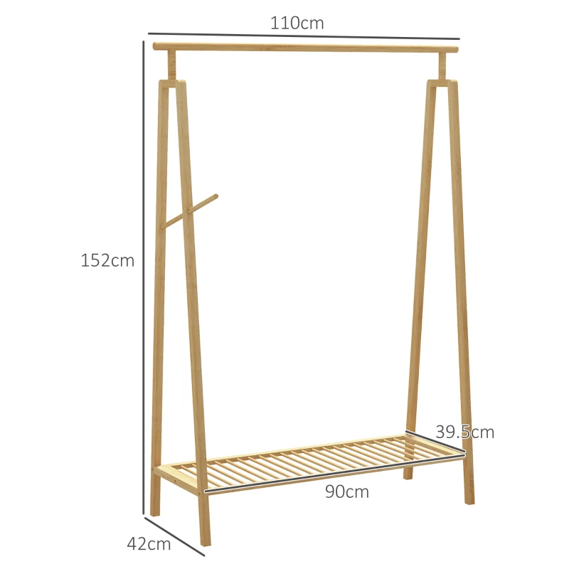 HOMCOM Suport pentru Haine din Bambus cu Șină Suspendată, Raft de Depozitare a Pantofilor și Cuier Lateral, 110x42x152 cm, Natural