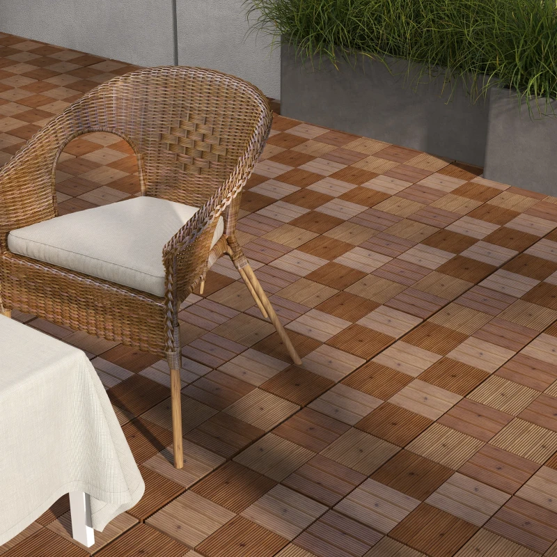 Outsunny 27 Pcs Wooden Interlocking Decking Tiles, 30 x 30 cm Anti-slip Outdoor Flooring Tiles, 0.81㎡ per Pack, All Weather Use for Patio, Balcony, Terrace, Hot Tub, Brown