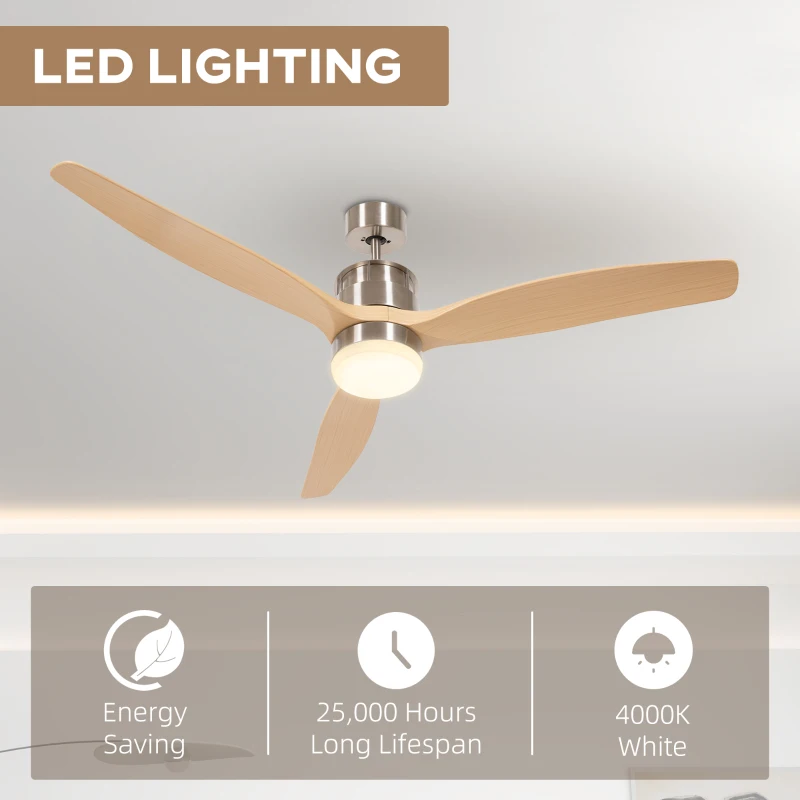 HOMCOM Ventilator de Tavan LED cu Telecomandă, 6 Viteze și Motor Reversibil, Briză și Temporizator, Ф132x43 cm, Lemn Natural