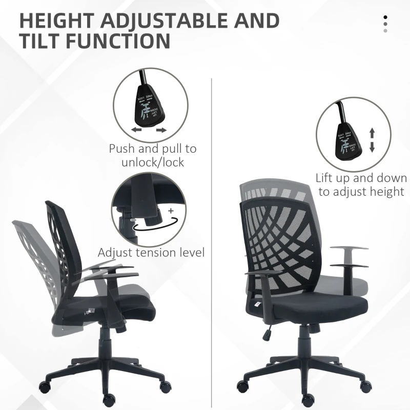 HOMCOM Scaun de Birou Ergonomic cu Înălțime Reglabilă, Scaun de Birou Pivotant din Țesătură Respirabilă, 58x56x106.5 cm, Negru