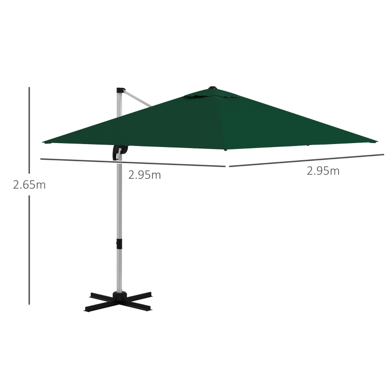 Outsunny 3 x 3(m) Cantilever Roma Parasol with Aluminum Frame, Crank and Tilt, Square Overhanging Patio Umbrella with 360° Rotation, 250g Sun Shade Canopy with Cross Base, Green