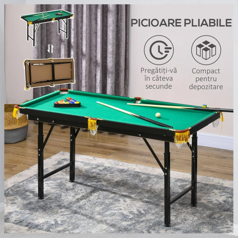 SPORTNOW Masă de Biliard Reglabilă pe Înălțime cu Accesorii, Masă din MDF și Oțel Carom, 140x60x55-75 cm, Verde
