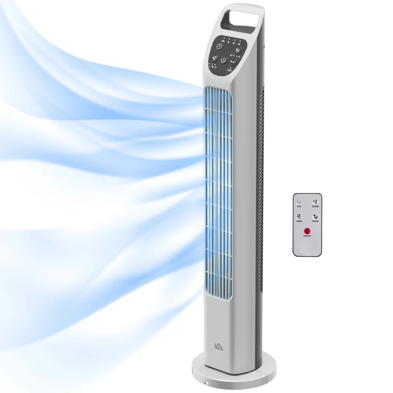 HOMCOM Tower Fan, Electric Cooling Fan with Remote, 75° Oscillating, 3 Speed 3 Modes, 4H Timer, Quiet Standing Bladeless for Bedroom Office, Silver