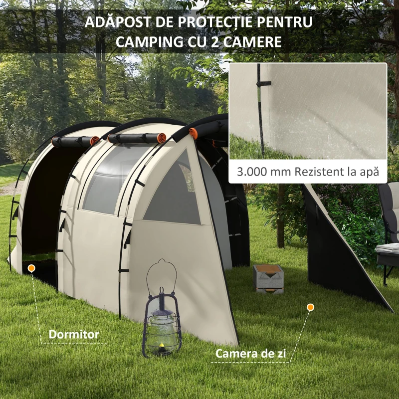 Outsunny Cort de Camping pentru 4-5 Persoane cu Capac Blackout, Cort Tunel Impermeabil cu Geantă de Transport, 460x230x180 cm, Kaki