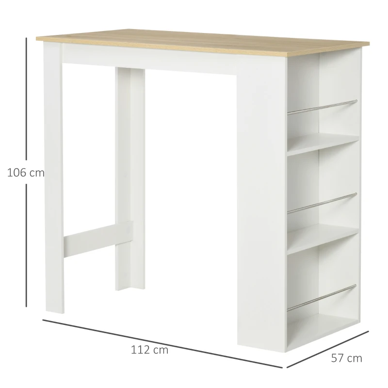 HOMCOM Masă de Bar cu 3 Polițe și Bară de Protecție, Blat de Bucătărie din Oțel și PAL, 112x57x106 cm, Alb(m-3)