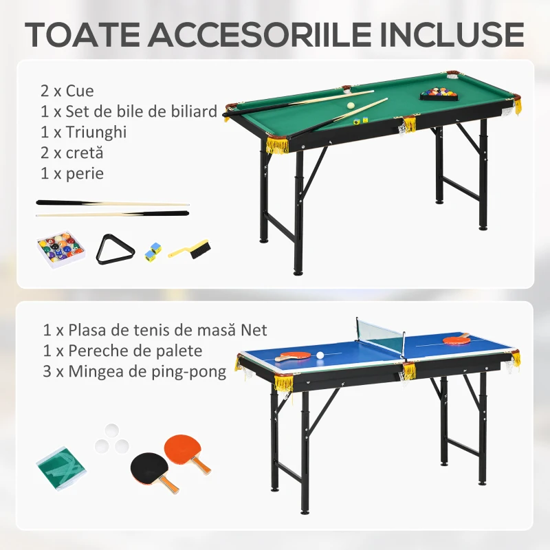SPORTNOW Masă de Joc Pliabilă 2-în-1, Masă de Tenis și Masă de Biliard cu Accesorii Incluse, 140x63x60-80 cm, Albastru, Verde și Negru