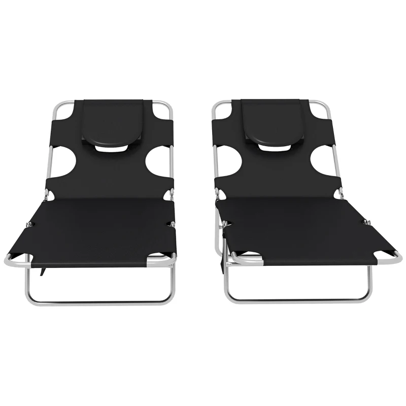 Outsunny Foldable Sun Lounger Set of 2, Beach Chaise Lounges with Reading Hole, Arm Slots, 5-Position Adjustable Backrest, Side Pocket, Pillow for Patio, Garden, Beach, Pool, Black