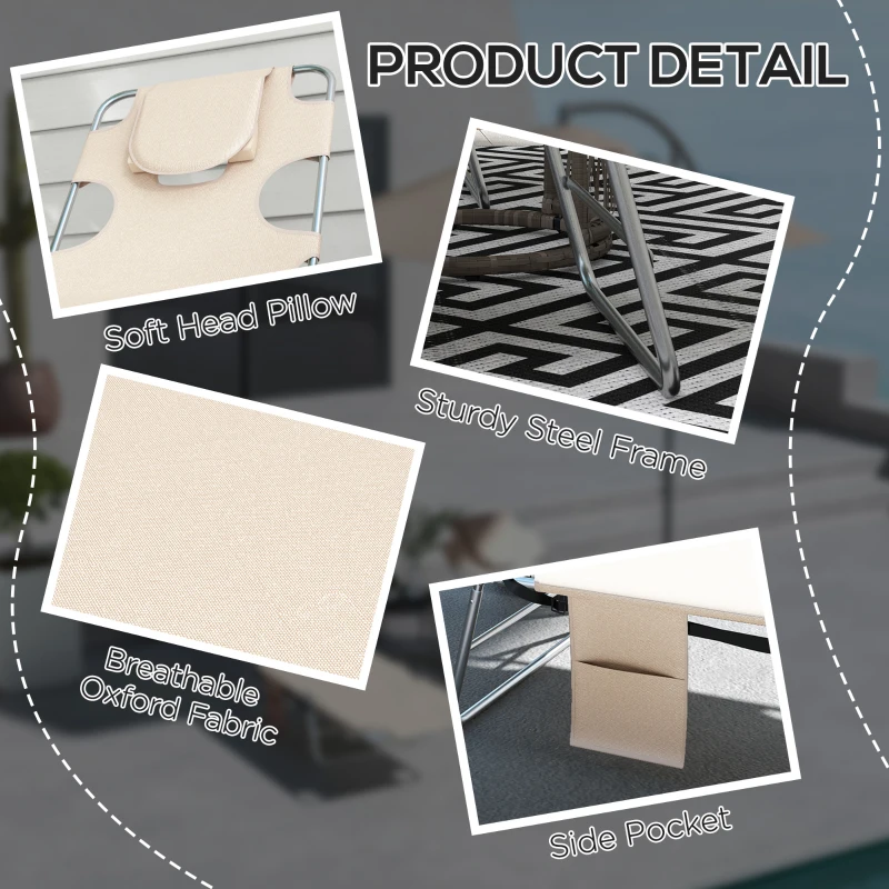 Outsunny Foldable Sun Lounger Set of 2, Beach Chaise Lounges with Reading Hole, Arm Slots, 5-Position Adjustable Backrest, Side Pocket, Pillow for Patio, Garden, Beach, Pool, Beige