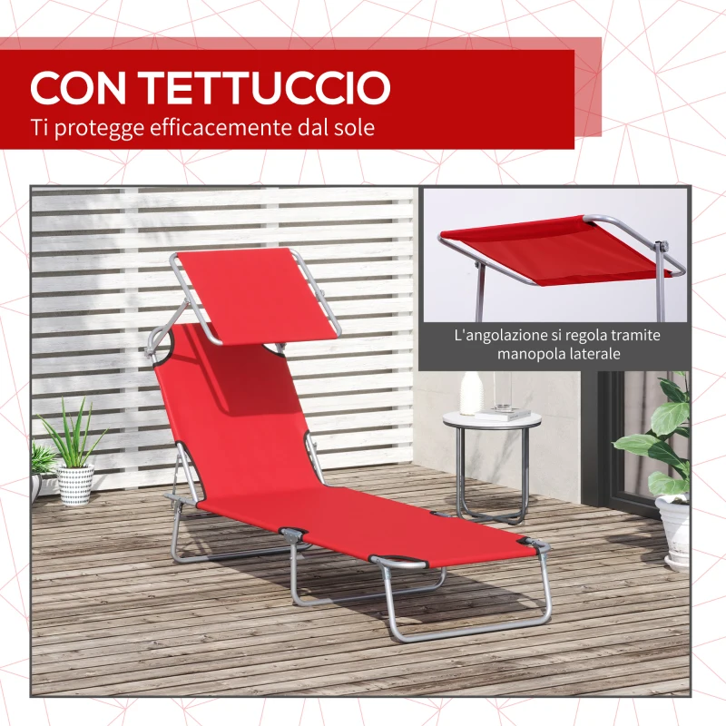 Outsunny Sdraio da Giardino Pieghevole con Tettuccio Regolabile e Schienale Reclinabile a 4 Livelli, Rosso