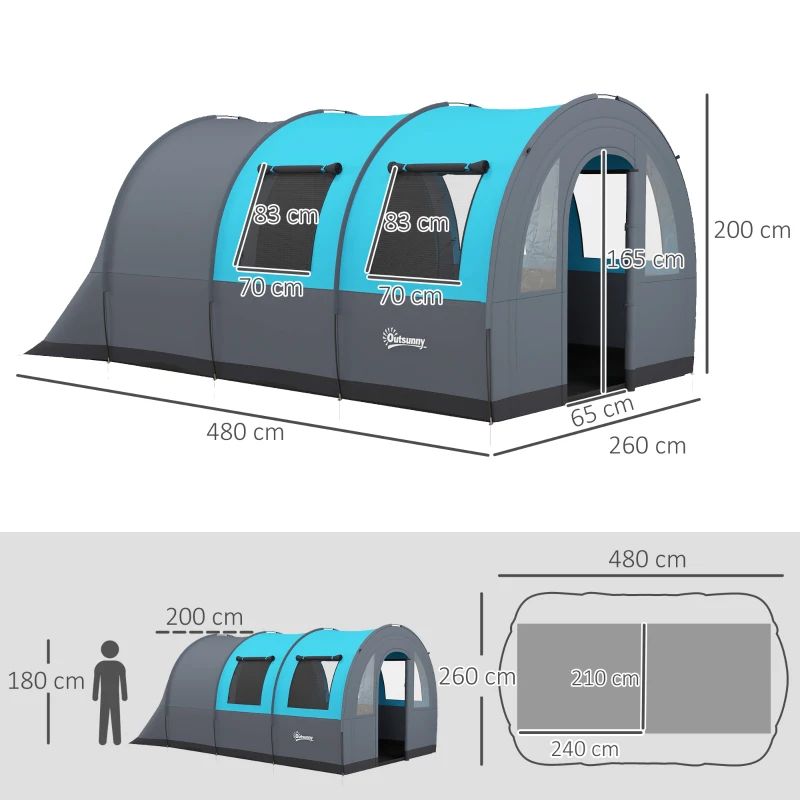 Outsunny Campingtent voor maximaal 6 Pers., Familiecampingtent, Aparte Ruimtes, Waterdicht, Grijs/Blauw