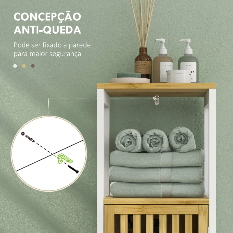 HOMCOM Armário Casa de Banho com 1 Prateleira Aberta 1 Porta e 1 Prateleira Ajustável 32x30x90,5 cm Natural e Branco