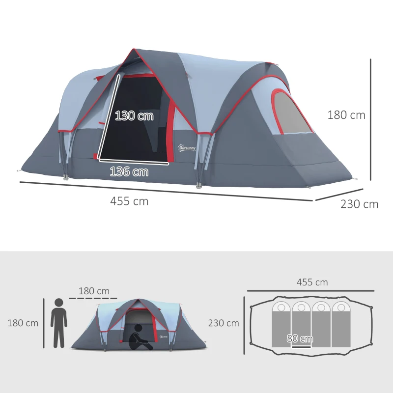 Outsunny 5-6 Personen Tunneltent, Waterdichte, Duurzame 3-Season Campingtent voor Familie, Polyester, Grijs