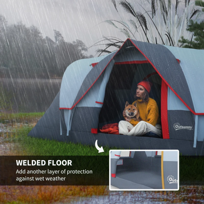Outsunny Cort de Camping pentru 4 Persoane Impermeabil cu Ferestre și Stâlpi din Fibră de Sticlă, 4.55x2.3x1.8 m, Gri