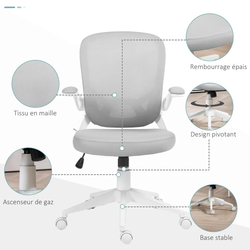 HOMCOM Fauteuil de bureau hauteur réglable pivotant 360° accoudoirs relevables dossier en maille et assise tissu gris