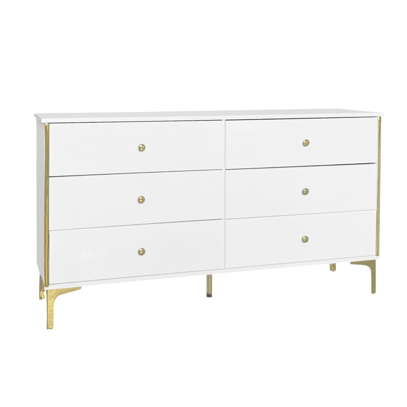 Credenza Elegante con 6 Cassetti, Dettagli Dorati e Piedini per Soggiorno, Bianco