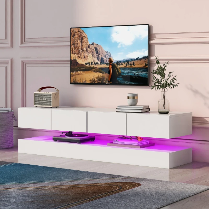 Mobile TV Sospeso con Illuminazione LED RGB a 16 Colori, 2 Armadi e 4 Cassetti, per TV fino a 55 Pollici, Bianco