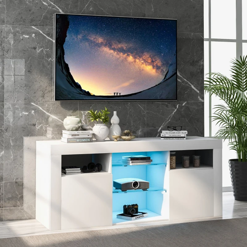 Mobile Porta TV LED con 2 Armadietti e 5 Ripiani Aperti, Illuminazione LED 16 Colori, per TV fino a 55 Pollici, Bianco