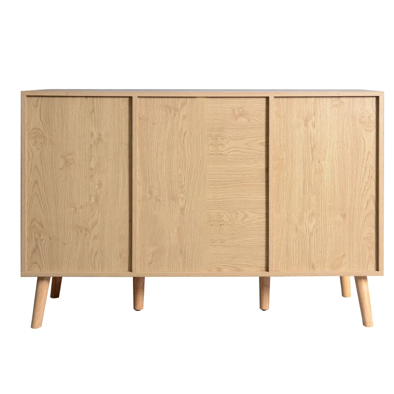 Credenza Portabottiglie Effetto Legno con 2 Ante in Rattan e Ripiani Regolabili, Quercia