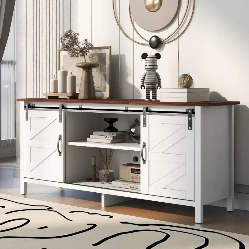 Mobile TV Moderno con Ante Scorrevoli e Ripiani Regolabili, Bianco