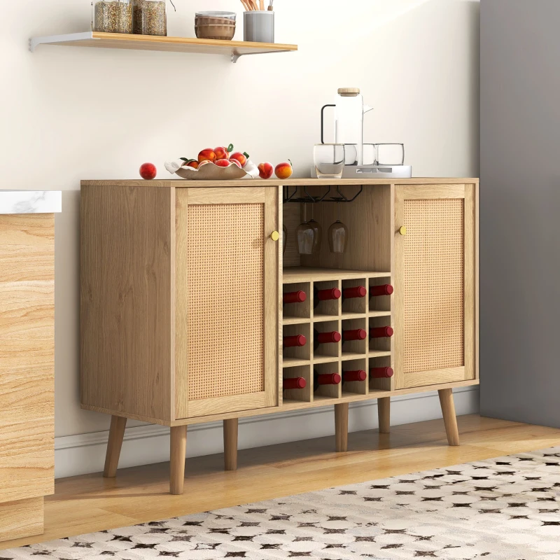 Credenza Portabottiglie Effetto Legno con 2 Ante in Rattan e Ripiani Regolabili, Quercia