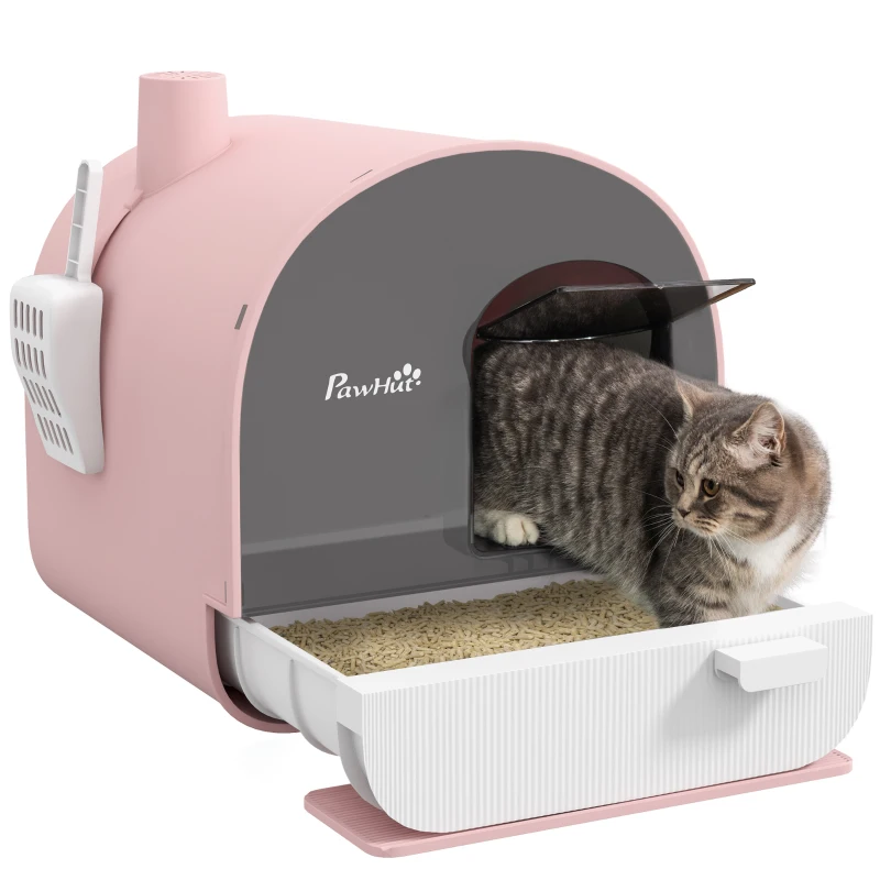 PawHut Kuweta z pokrywą, łopatką, matą łapie-żwirek, plastik, różowy/czarny